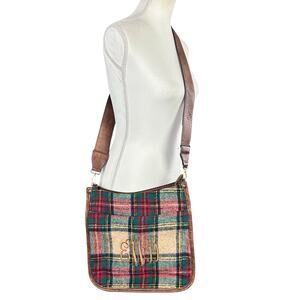 Jen & Co Crossbody Brown Green Red Tartan Plaid Monogram Guitar Strap Vegan Bag